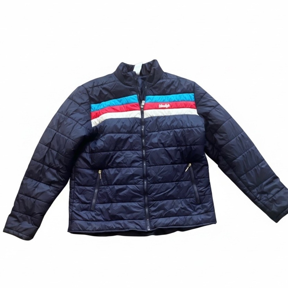 Wendys Employee Uniform Puffer Jacket Navy Blue Quilted Retro Stripe Mens Large
